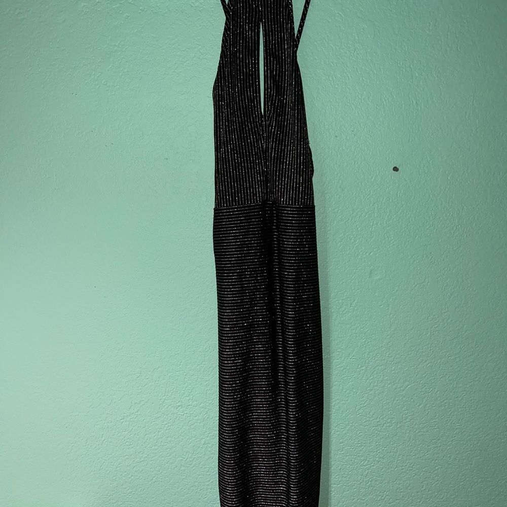 privy Black Pinstripe Top with Subtle Silver Lurex and Open Chest